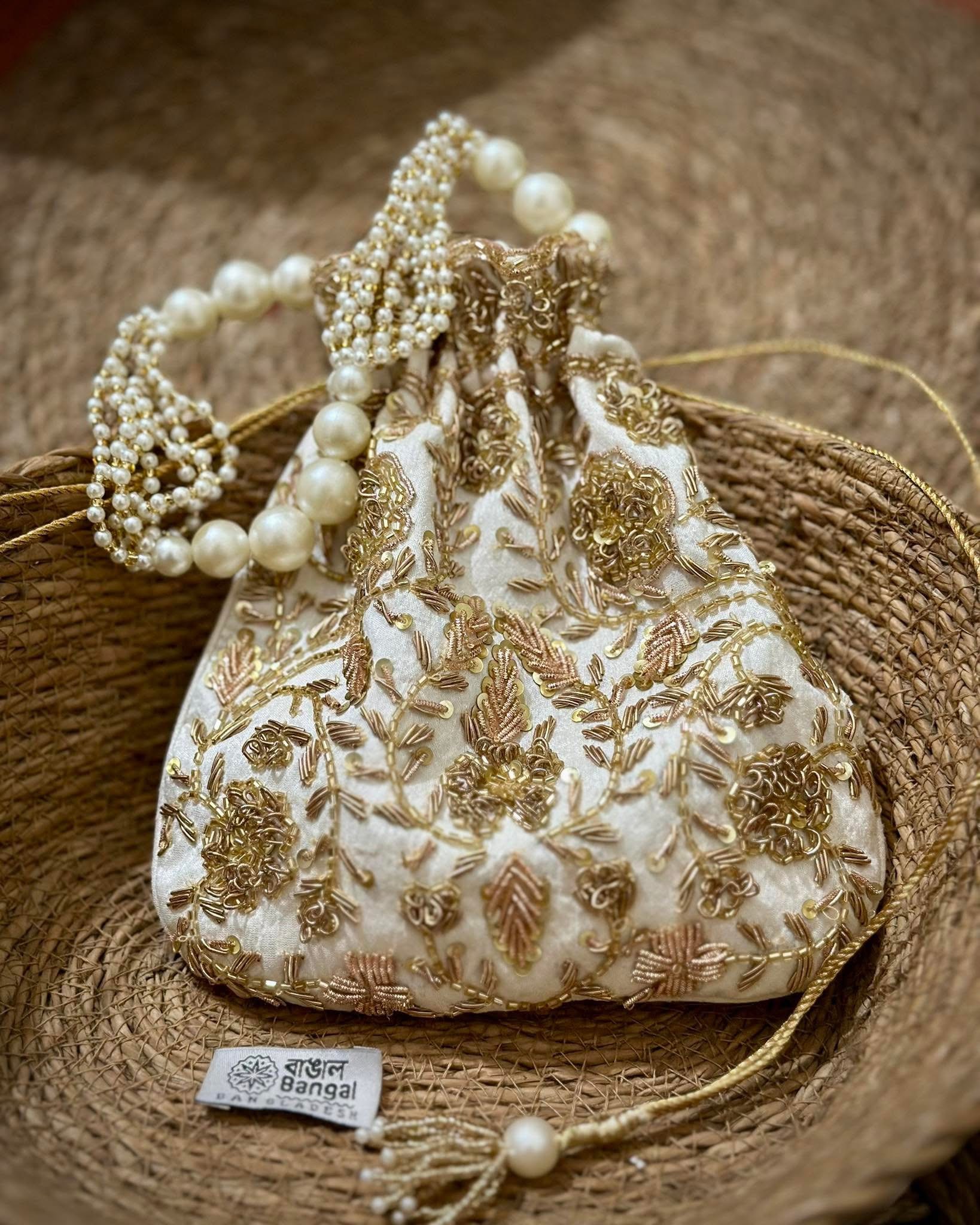 Gold zardozi floral potli bag