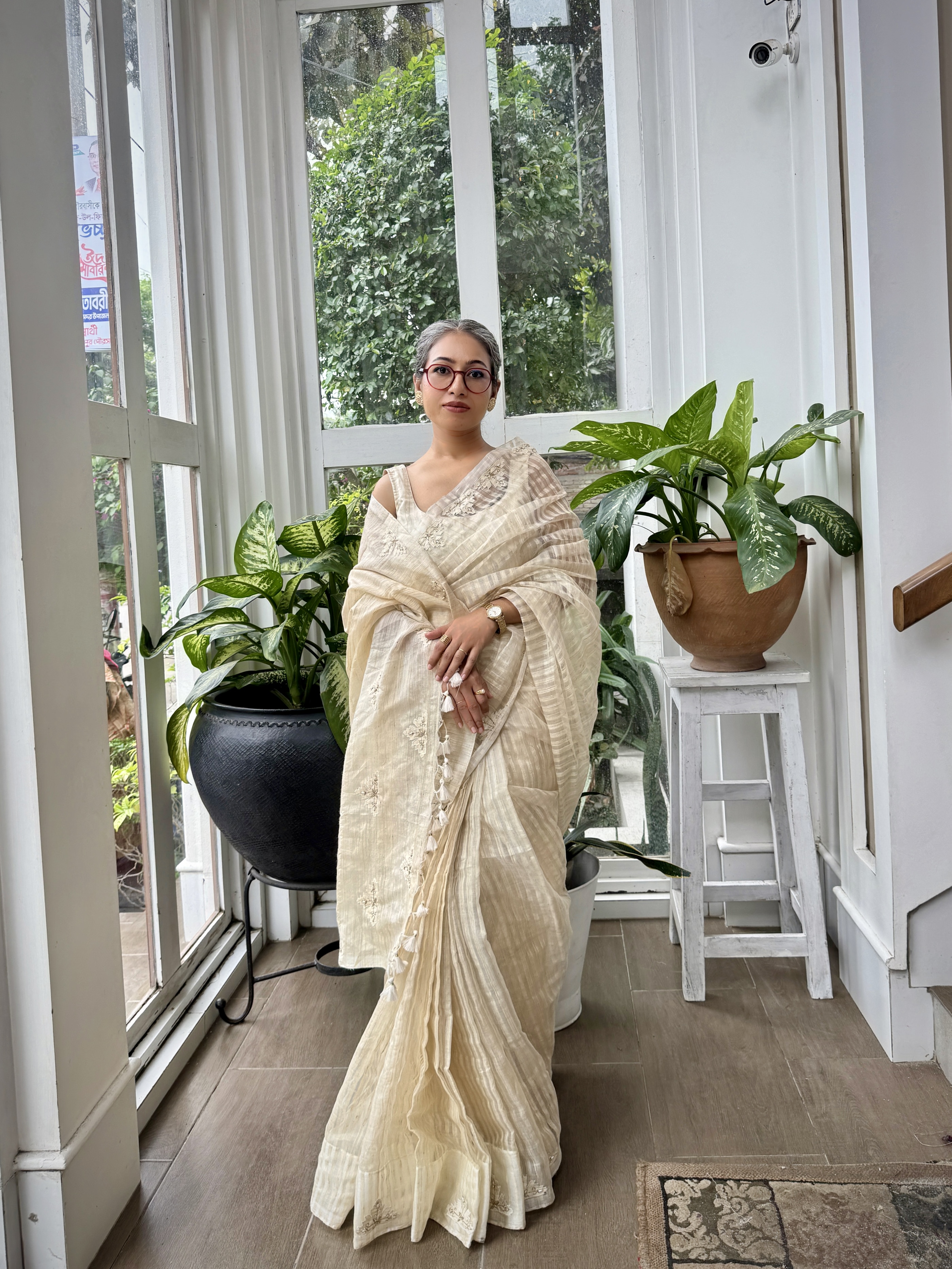 andy stripe muslin silk sharee